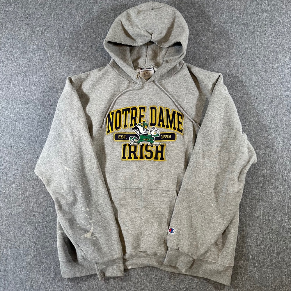 Champion Notre Dame Fighting Irish Hoodie Gray Embroidered NCAA Mens 2XL ☘️